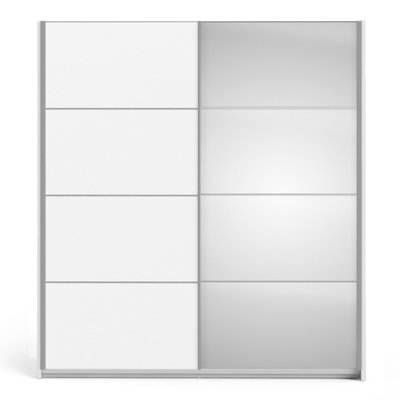 Verona Sliding Wardrobe 180cm in White with White and Mirror Doors with 2 Shelves