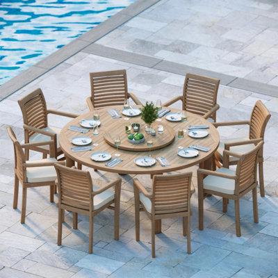 Verona Teak Garden Outdoor Dining Table & 8 Seat Chair Set - With Cream ...