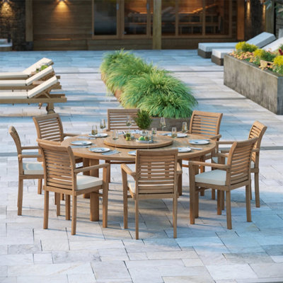 Verona Teak Garden Outdoor Dining Table & 8 Seat Chair Set - With Cream ...