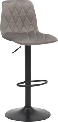 Verona Velvet Kitchen Bar Stools, Matt Black Stem & Base, Height Adjustable Gas Lift With Backrest, Breakfast Bar Stool - Grey
