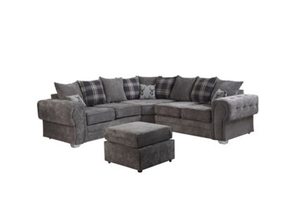 Verrina Chenille Grey Corner  Sofa Scatterback 2c2 and Footstool