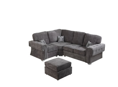 Verrina Chenille Grey L Shape Sofa Full Back 1c2 and Footstool