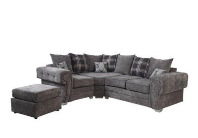 Verrina Chenille Grey L Shape Sofa Scatterback 1c2 and Footstool