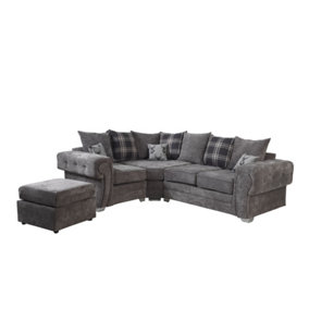 Verrina Chenille Grey L Shape Sofa Scatterback 1c2 and Footstool
