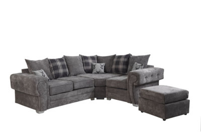 Verrina Chenille Grey L Shape Sofa Scatterback 2c1 and Footstool