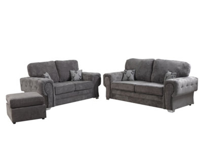 Verrina Chenille Grey Sofa Full Back 3+2 Set and Footstool