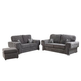 Verrina Chenille Grey Sofa Full Back 3+2 Set and Footstool