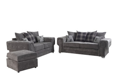 Verrina Chenille Grey Sofa Scatterback 3+2 Set and Footstool