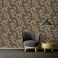 Versace Baroque Floral Trail Wallpaper - Black and Gold - 96231-6 - 10m x 70cm