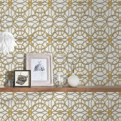 Versace La Scala Del Palazzo Geometric Wallpaper - Cream and Gold- 37049-2 - 10m x 70cm