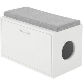 Versatile Cat Litter Box Enclosure 60cm Wide - Hidden Cat Furniture & Dog House Indoor - White  Entryway Bench with Cushion on Top