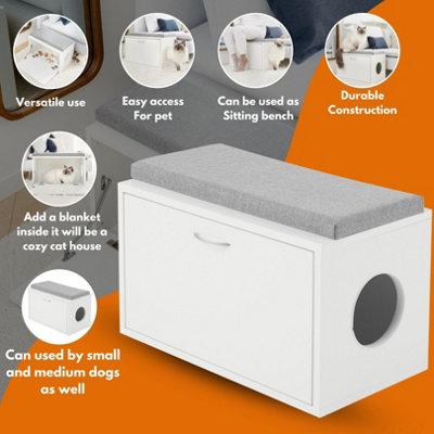Versatile Cat Litter Box Enclosure 60cm Wide - Hidden Cat Furniture & Dog House Indoor - White  Entryway Bench with Cushion on Top