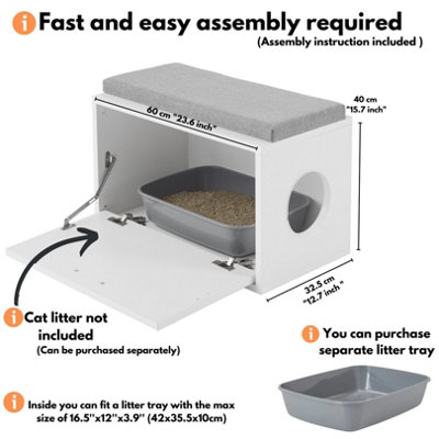 Versatile Cat Litter Box Enclosure 60cm Wide - Hidden Cat Furniture & Dog House Indoor - White  Entryway Bench with Cushion on Top - 3
