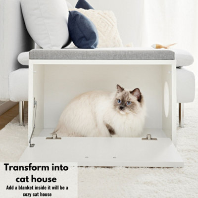 Versatile Cat Litter Box Enclosure 60cm Wide - Hidden Cat Furniture & Dog House Indoor - White  Entryway Bench with Cushion on Top - 5