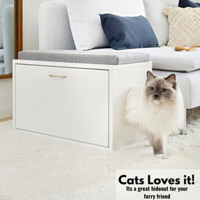 Versatile Cat Litter Box Enclosure 60cm Wide - Hidden Cat Furniture & Dog House Indoor - White  Entryway Bench with Cushion on Top - 7