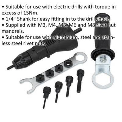 ABN Pneumatic Rivet Gun Drill Adapter - Rivet Nut Tool Adapter With 8 Nosepieces | UK