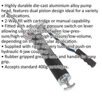 Versatile Heavy Duty Adjustable Flow Grease Gun with Dual Piston Design and 2-Way Fill