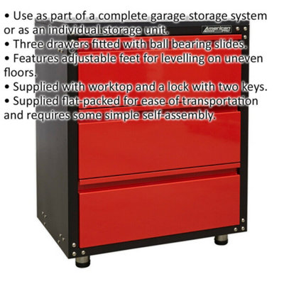 Versatile Modular 3 Drawer Cabinet with Worktop and Ball Bearing Slides for Garage Storage
