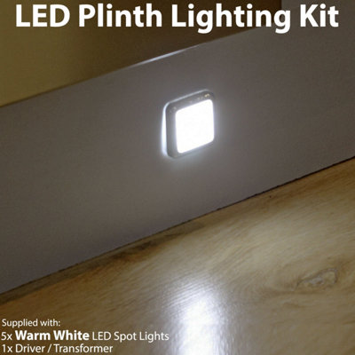 Versatile Square LED Plinth Light Kit with 5 Warm White Spotlights for Kitchen and Bathroom