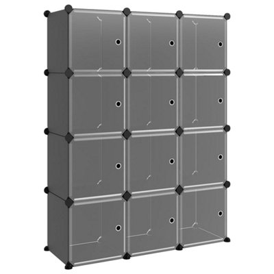 Versatile Storage Cube Organiser with 12 Cubes and Doors Black PP