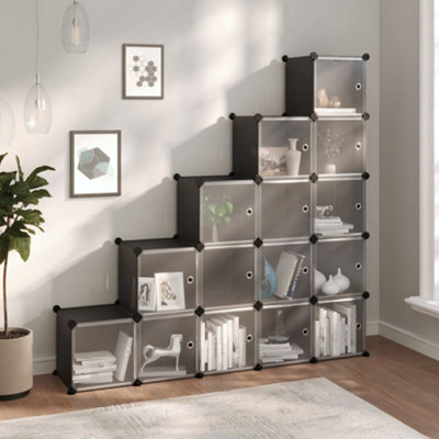 Versatile Storage Cube Organiser with 15 Cubes and Doors Black PP