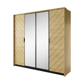 Verso Contemporary 4 Mirrored Hinged Door Wardrobe 9 Shelves 2 Rails Oak Scandi Effect (H)2110mm (W)2230mm (D)600mm