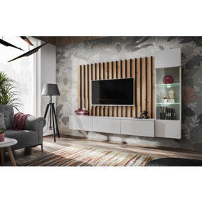 Verti Contemporary Entertainment Media Unit 4 Doors Shelves Pearl Grey and Artisan Oak Effect (W)2200mm (H)1480mm (D)350mm