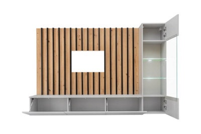 Verti Contemporary Entertainment Media Unit 4 Doors Shelves Pearl Grey and Artisan Oak Effect (W)2200mm (H)1480mm (D)350mm