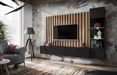 Verti Wall Entertainment Unit in Black and Oak Hickory Chic Design with LED Lighting W2200mm H1480mm