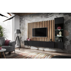 Verti Wall Entertainment Unit in Black and Oak Hickory - Chic Design with LED Lighting (W2200mm H1480mm D350mm)