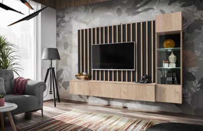 Verti Wall Entertainment Unit in Oak Hickory - Contemporary Design with LED Lighting (W2200mm H1480mm D350mm)