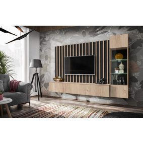 Verti Wall Entertainment Unit in Oak Hickory - Contemporary Design with LED Lighting (W2200mm H1480mm D350mm)