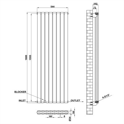 Vertical Anthracite Double Flat Panel Radiator (H) 1600 mm x (W) 544 mm.