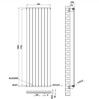 Vertical Anthracite Single Flat Panel Radiator (H) 1800 mm x (W) 544 mm.
