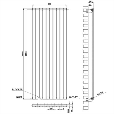 Vertical Anthracite Single Flat Panel Radiator (H) 1800 mm x (W) 680 mm,.