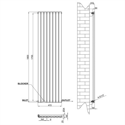Vertical Anthracite Single Oval Panel Radiator (H)1800mm x (W)472mm.