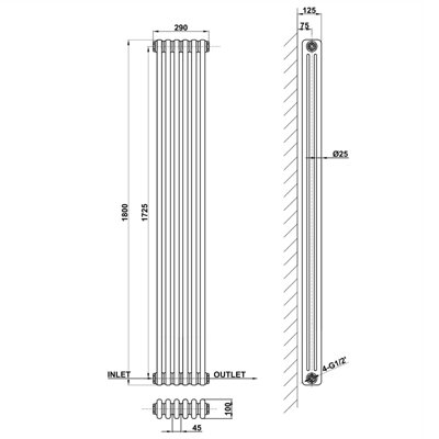 Vertical Anthracite Triple Column Radiator (H) 1800mm x (W) 290mm.