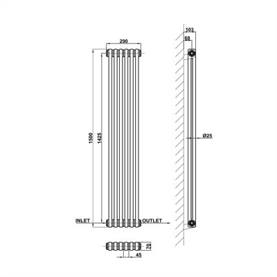 Vertical Black Double Column Radiator (H) 1500mm x (W) 290mm.