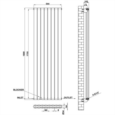 Vertical Black Double Flat Panel Radiator (H) 1800 mm x (W) 544 mm.
