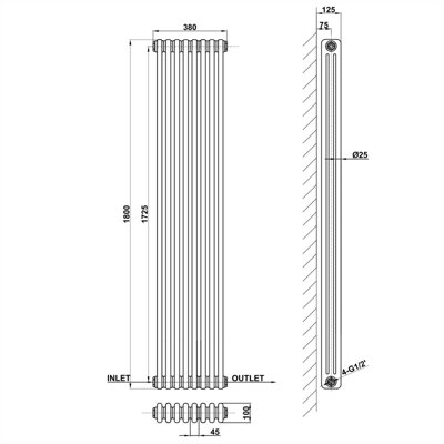 Vertical Traditional 3 Column Radiator Anthracite (H)1800mm (W)380mm ...