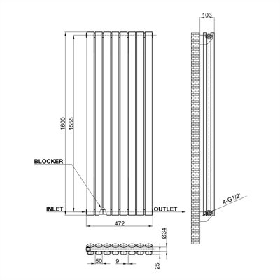 Vertical White Double Oval Panel Radiator (H)1600mm x (W)472mm.