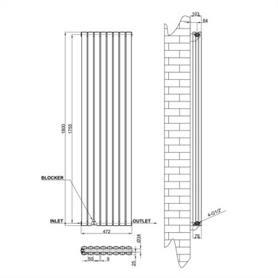 Vertical White Double Oval Panel Radiator (H)1800mm x (W)472mm.