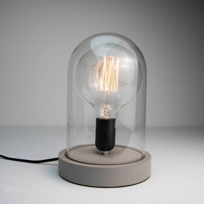Verve Design Upton Glass Dome Cloche Wood E27 Industrial Table Lamp Light Office Desk Bedside Metal Edison LED Compatible