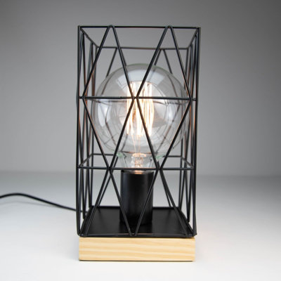 Verve Design Zavier E27 Table Lamp Light Bedside Office Desk Industrial Metal Cage Black Natural Wood Edison LED Compatible