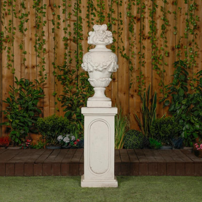 Very Large White Stone Cast Fruit Design Finial And Plinth Set
