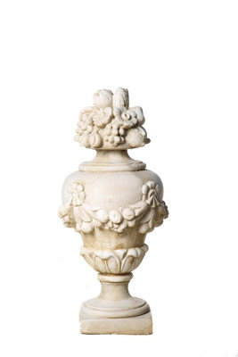 Very Large White Stone Cast Fruit Design Finial And Plinth Set