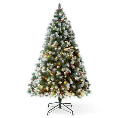 VeryMerry 5FT 'Claudia' Pre-Lit Christmas Tree with 200 LED Lights with Timer, 8 Light Modes, Decorative Pinecones and Berries