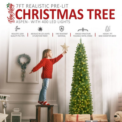 VeryMerry 7FT 'Aspen' Slim Pencil Pre-Lit Christmas Tree with 400 Built-In Warm White LED Lights