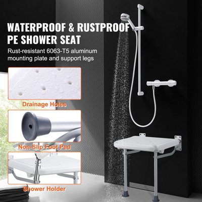 VEVOR Folding PE Shower Seat, 15.7'' x 14.8'' Unfolded, Wall Mounted Fold Up Shower Bench with 500 lbs Load Capacity