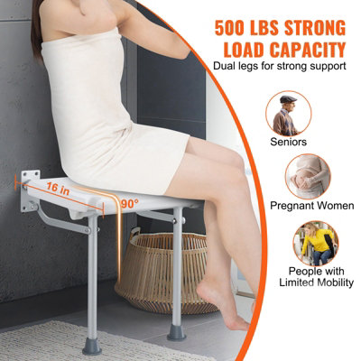 VEVOR Folding PE Shower Seat, 15.7'' x 14.8'' Unfolded, Wall Mounted Fold Up Shower Bench with 500 lbs Load Capacity